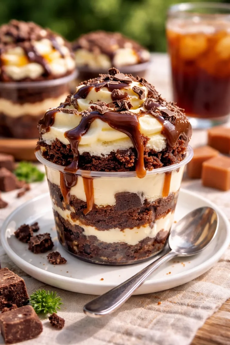 Leckerer Brownie-Käsekuchenbecher mit einer verführerischen Füllung