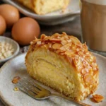 Bienenstich-Biskuitrolle mit Sahne und Mandeln auf einem Teller