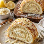Bienenstich-Biskuitrolle mit Honig und Mandel-Topping auf einem Teller