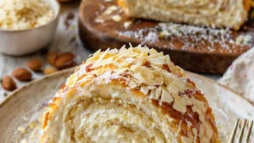 Bienenstich-Biskuitrolle mit Honig und Mandel-Topping auf einem Teller