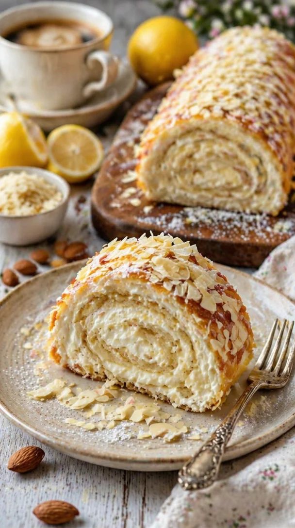 Bienenstich-Biskuitrolle mit Honig und Mandel-Topping auf einem Teller
