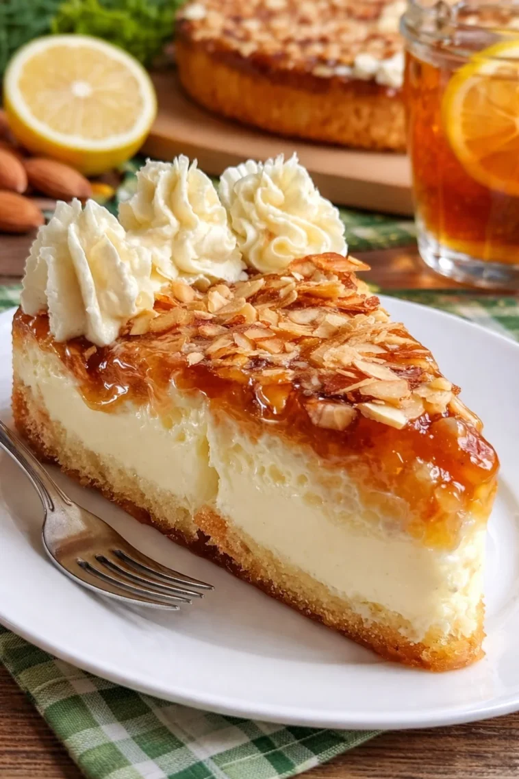 Bienenstich-Käsekuchen mit leckerem Belag und goldbraunem Teig