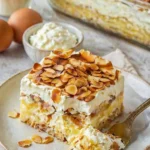 Bienenstich-Tiramisu auf einem Teller mit Mandeln und Karamell-Dekoration.