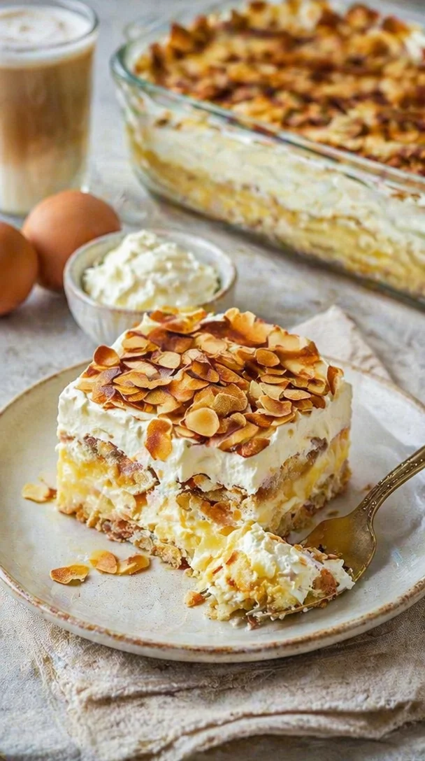Bienenstich-Tiramisu auf einem Teller mit Mandeln und Karamell-Dekoration.