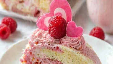 Biskuitrolle mit Himbeeren auf einem Teller dekoriert