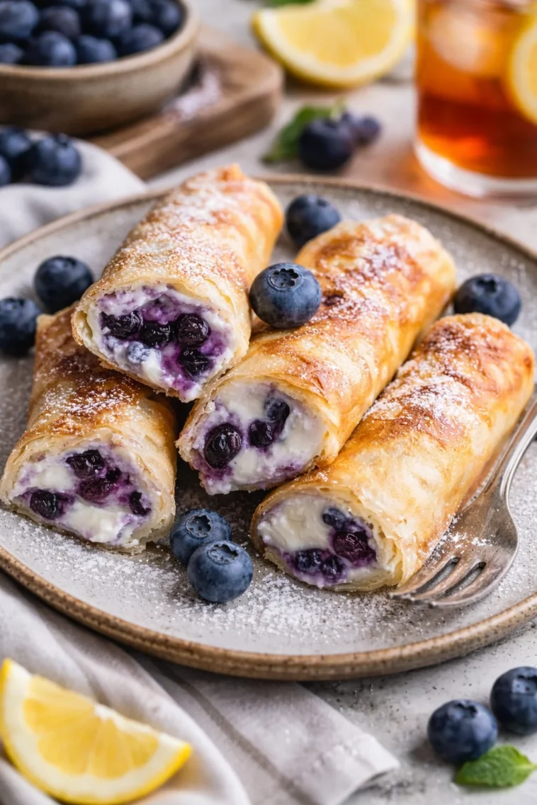 Blaubeer-Blintzes mit Crêpe-Füllung auf einem Teller