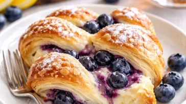 Blaubeer-Cremekäse-Teigzopf frisch gebacken auf einem Holzbrett