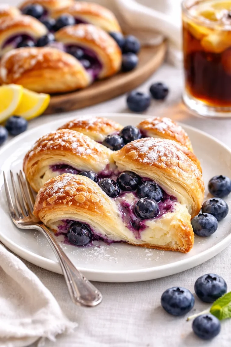 Blaubeer-Cremekäse-Teigzopf frisch gebacken auf einem Holzbrett