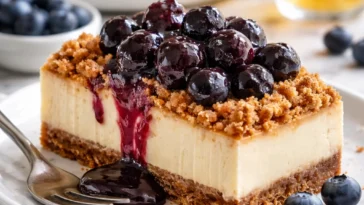Blaubeer-Crumble-Käsekuchen mit frischen Blaubeeren und knusprigem Topping