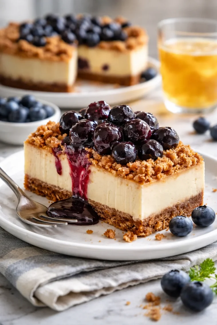 Blaubeer-Crumble-Käsekuchen mit frischen Blaubeeren und knusprigem Topping