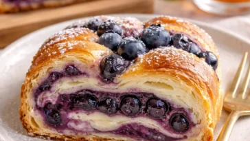 Blaubeer-Frischkäse-Babka auf einem Teller, perfekt zum Genießen.
