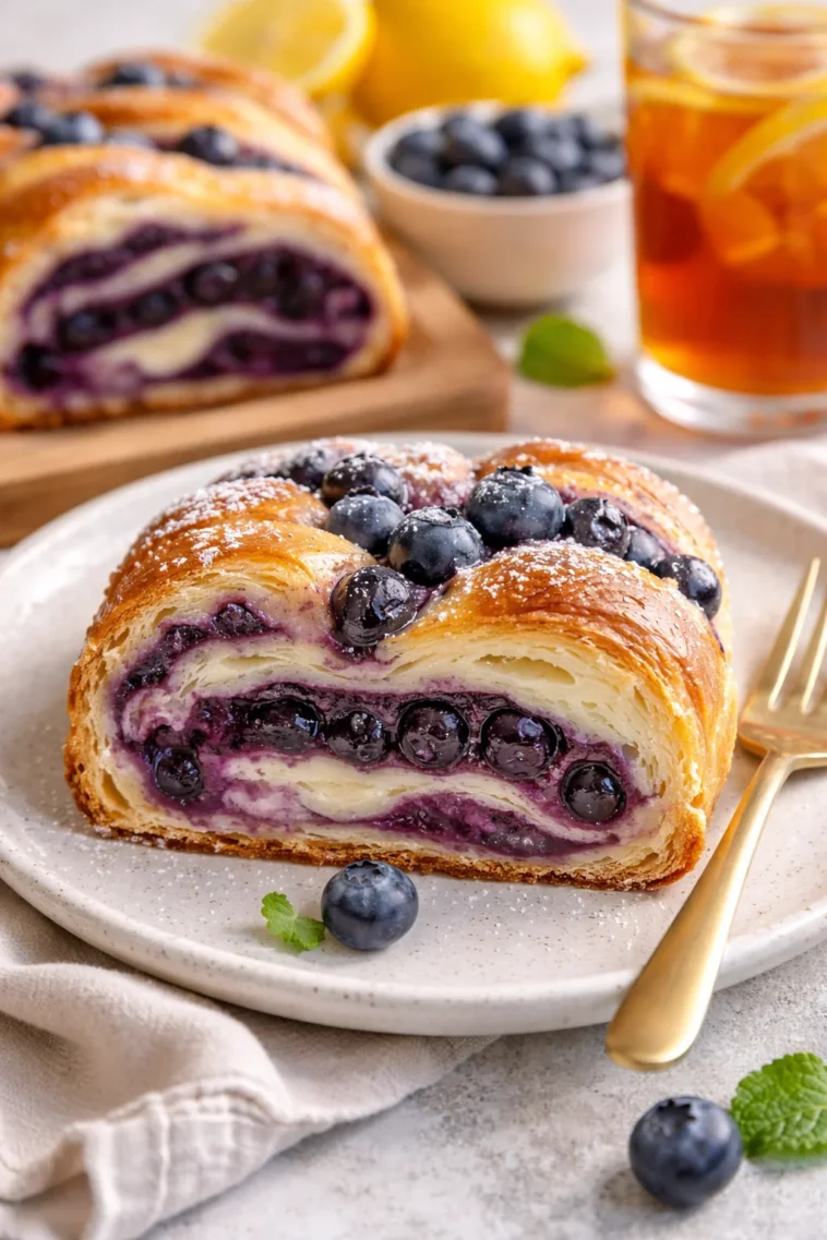 Blaubeer-Frischkäse-Babka auf einem Teller, perfekt zum Genießen.
