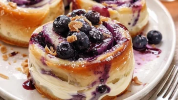 Blaubeer-Käsekuchen-Wirbelbrötchen auf einem Teller, garniert mit frischen Heidelbeeren.