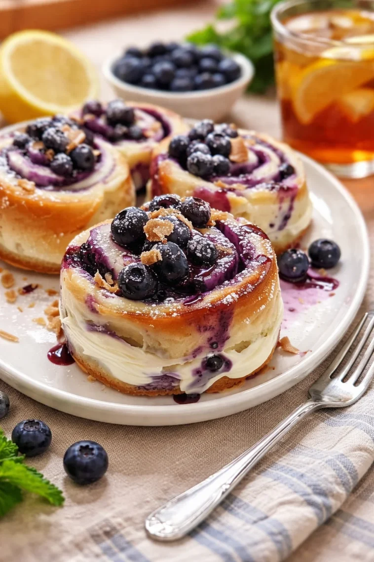 Blaubeer-Käsekuchen-Wirbelbrötchen auf einem Teller, garniert mit frischen Heidelbeeren.