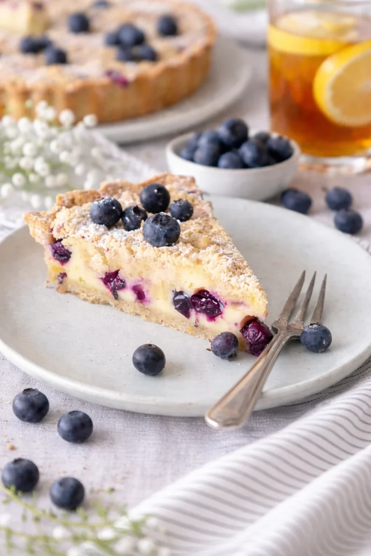 Blaubeer-Tarte mit Vanille-Schmand und Streuseln auf einem Teller