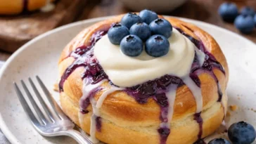 Blaubeer-Zimt-Brötchen frisch aus dem Ofen mit Blaubeeren und Zimt
