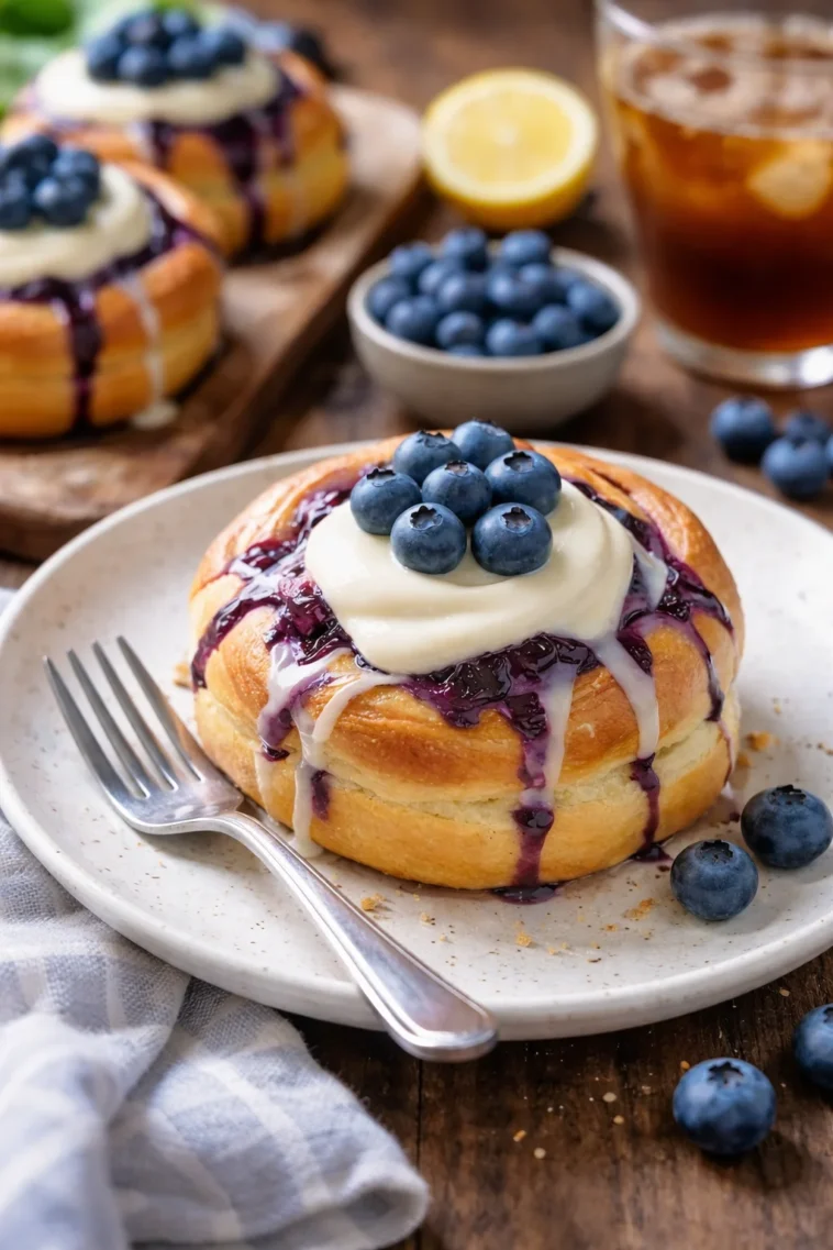 Blaubeer-Zimt-Brötchen frisch aus dem Ofen mit Blaubeeren und Zimt