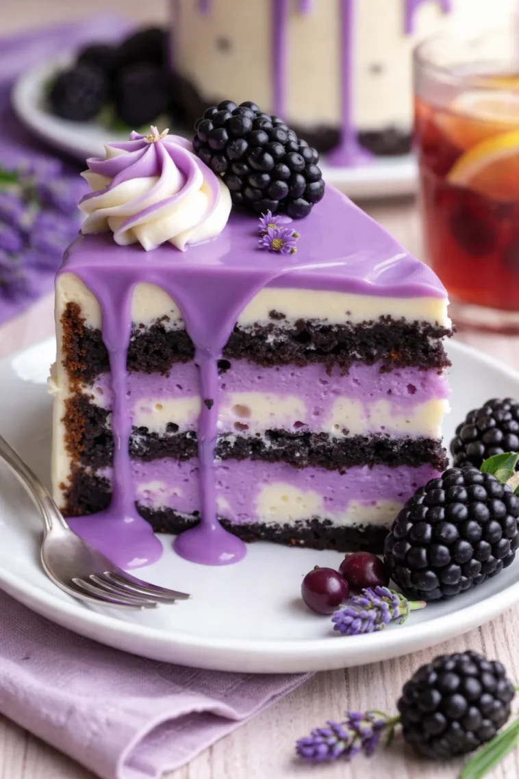 Brombeer-Lavendel-Kuchen mit frischen Beeren und blühendem Lavendel