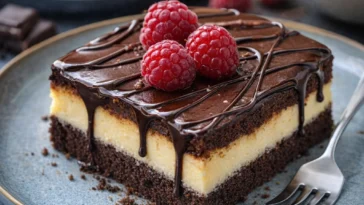 Ein köstlicher Brownie-Käsekuchen als Geburtstagstorte, dekoriert und ansprechend angerichtet.