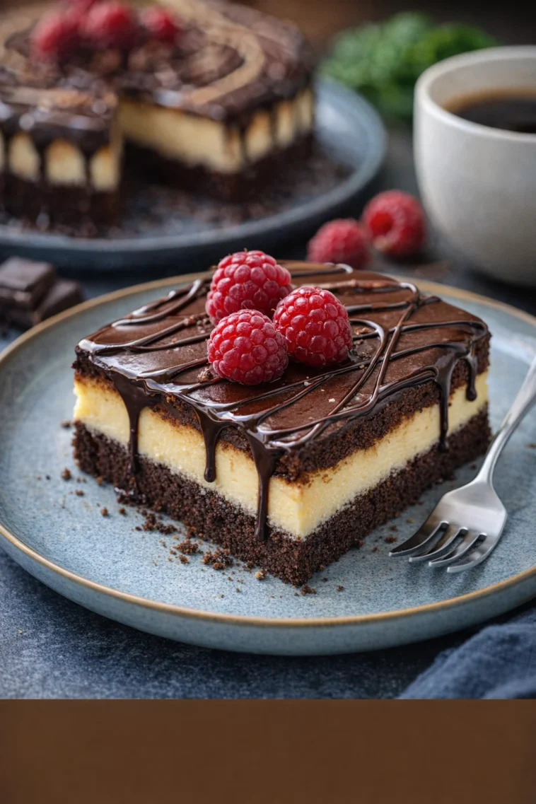 Ein köstlicher Brownie-Käsekuchen als Geburtstagstorte, dekoriert und ansprechend angerichtet.