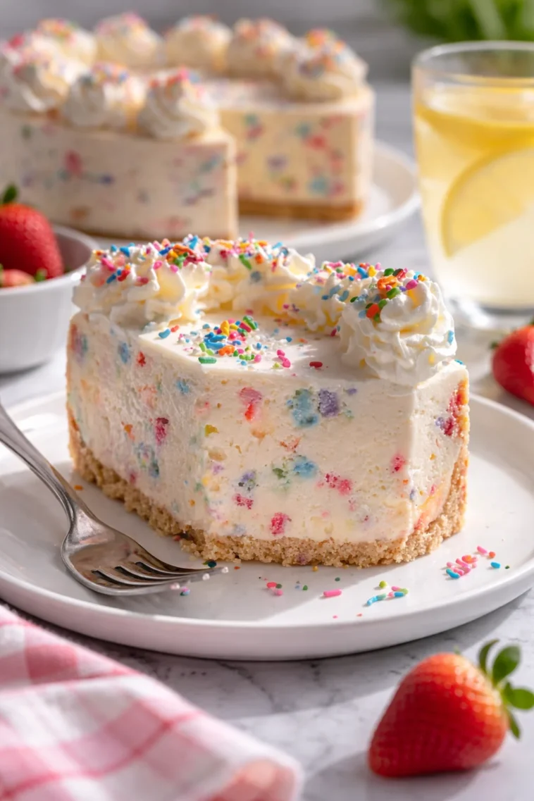 Bunter Funfetti Geburtstagskäsekuchen ohne Backen für deinen besonderen Tag