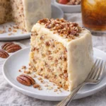 Butter-Pecan-Kuchen mit Nüssen und Karamellsoße auf einem Teller