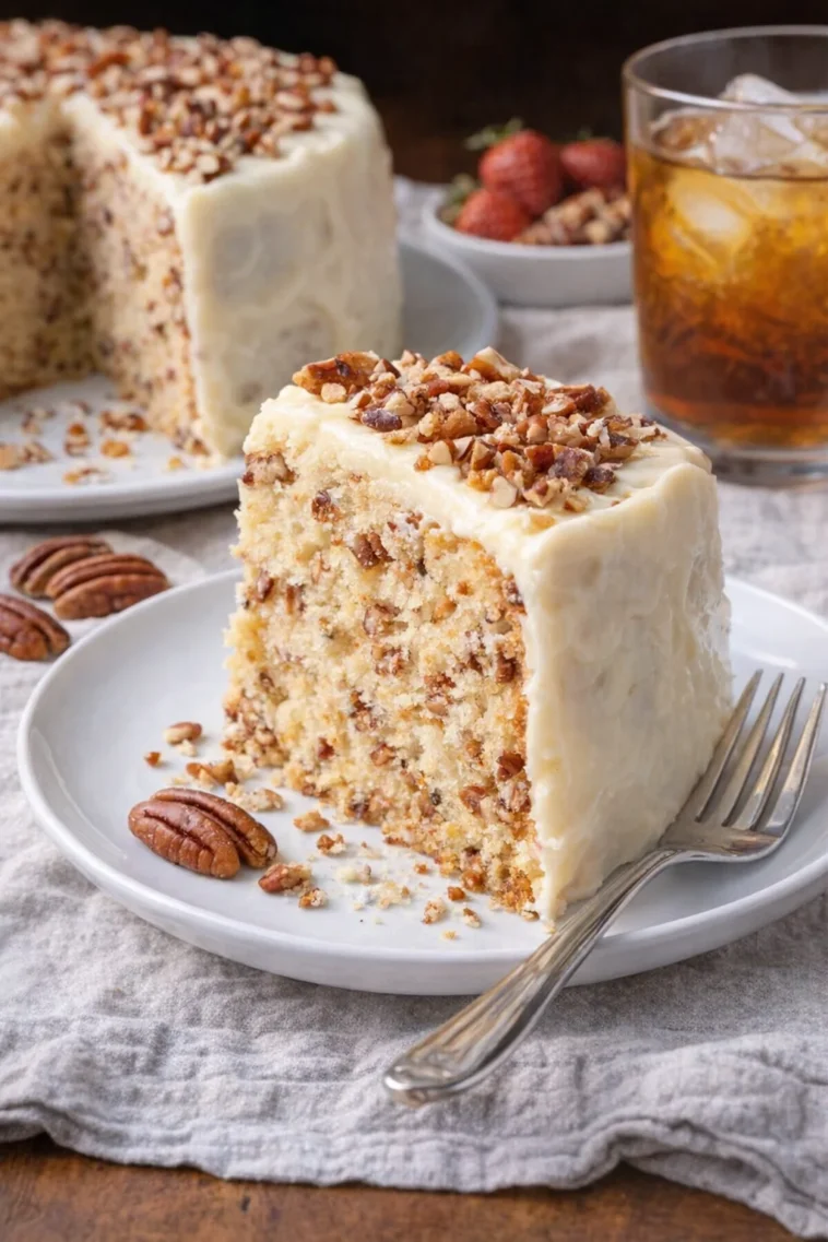 Butter-Pecan-Kuchen mit Nüssen und Karamellsoße auf einem Teller