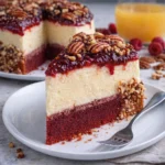 Butter-Pecan-Rotvelvet-Käsekuchen mit cremiger Füllung auf einem Teller