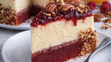 Butter-Pecan-Rotvelvet-Käsekuchen mit cremiger Füllung auf einem Teller