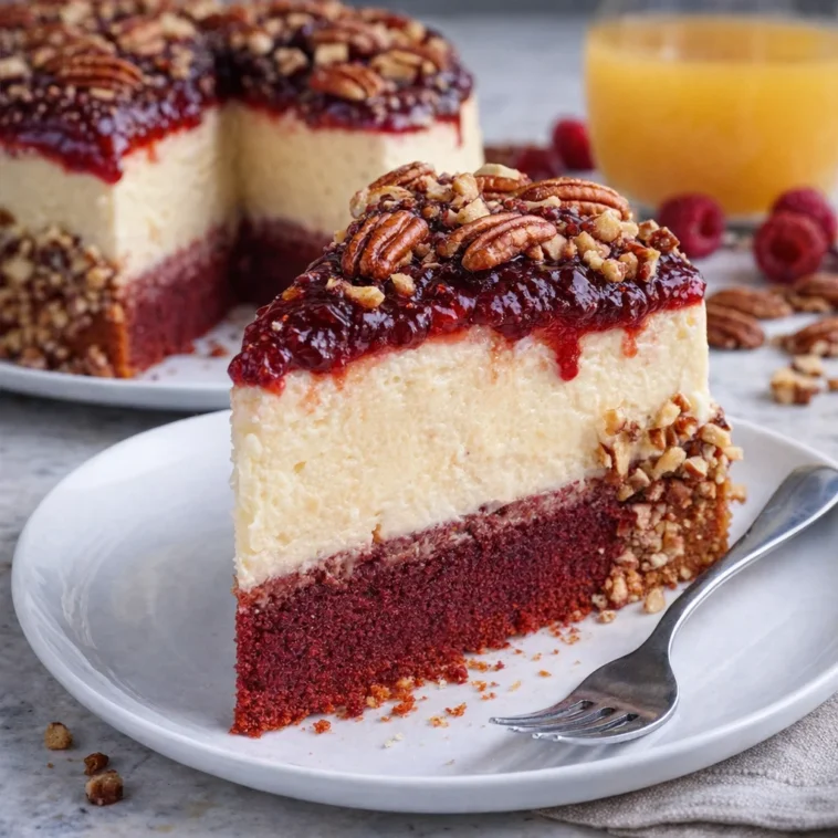 Butter-Pecan-Rotvelvet-Käsekuchen mit cremiger Füllung auf einem Teller