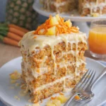 Karottenkuchen mit Frischkäse-Glasur auf einem Teller serviert.