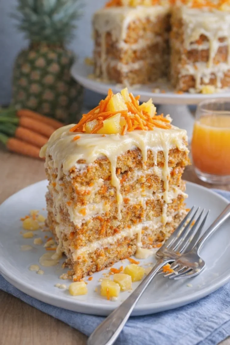 Karottenkuchen mit Frischkäse-Glasur auf einem Teller serviert.