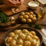 Cremige Knoblauchsoße über Kartoffeln serviert, ein leckeres Rezept.