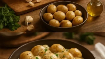 Cremige Knoblauchsoße über Kartoffeln serviert, ein leckeres Rezept.