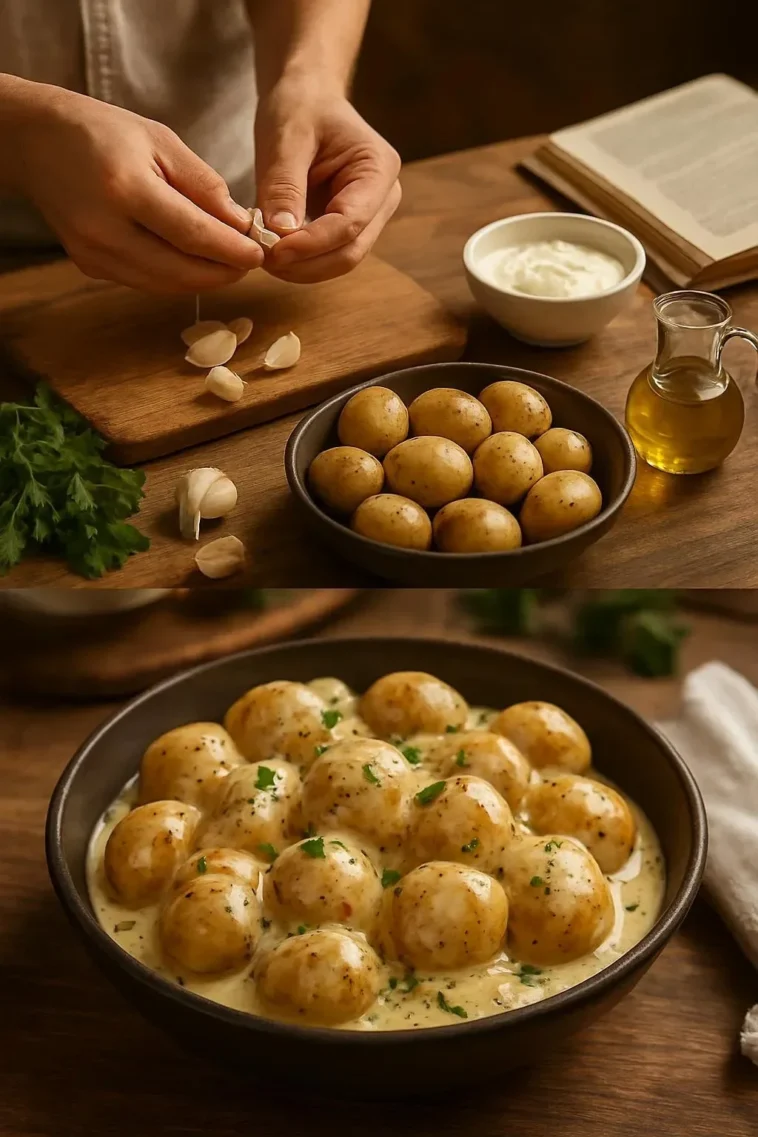 Cremige Knoblauchsoße über Kartoffeln serviert, ein leckeres Rezept.