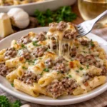 Cremiger Rindfleisch-Alfredo-Ziti-Auflauf auf einem Teller serviert.