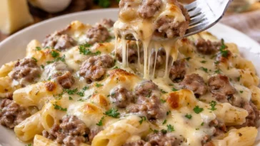 Cremiger Rindfleisch-Alfredo-Ziti-Auflauf auf einem Teller serviert.