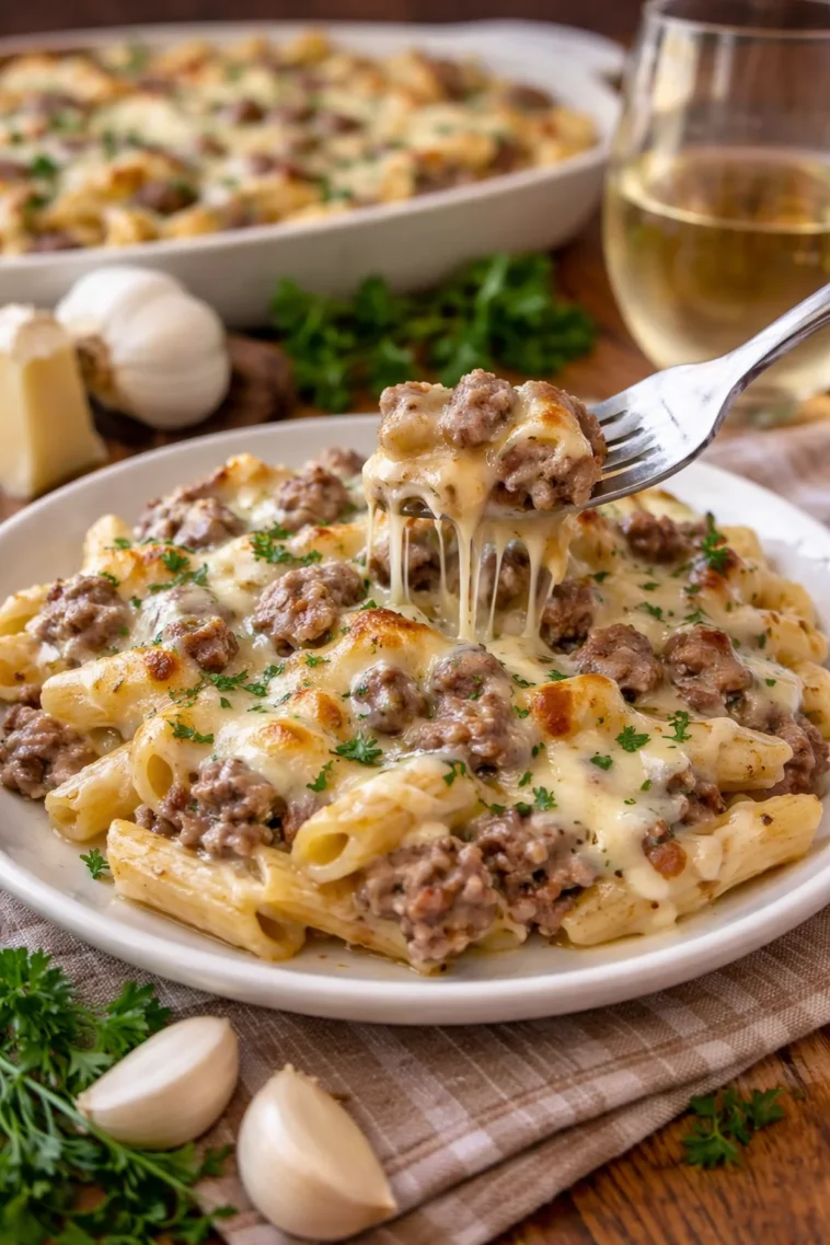 Cremiger Rindfleisch-Alfredo-Ziti-Auflauf auf einem Teller serviert.