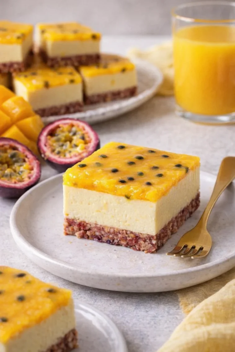 Vegane Mango-Cheesecake-Riegel auf einem Teller angerichtet