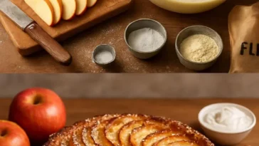 Cremiger Apfelpudding Unmöglicher Kuchen auf einem Teller serviert