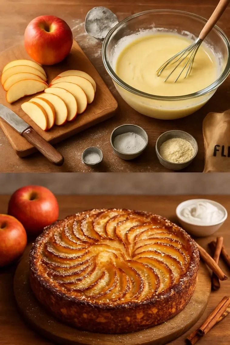 Cremiger Apfelpudding Unmöglicher Kuchen auf einem Teller serviert