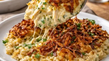 Cremiges Zwiebel-Hühnchen-Reis mit frischen Zutaten und Aromen