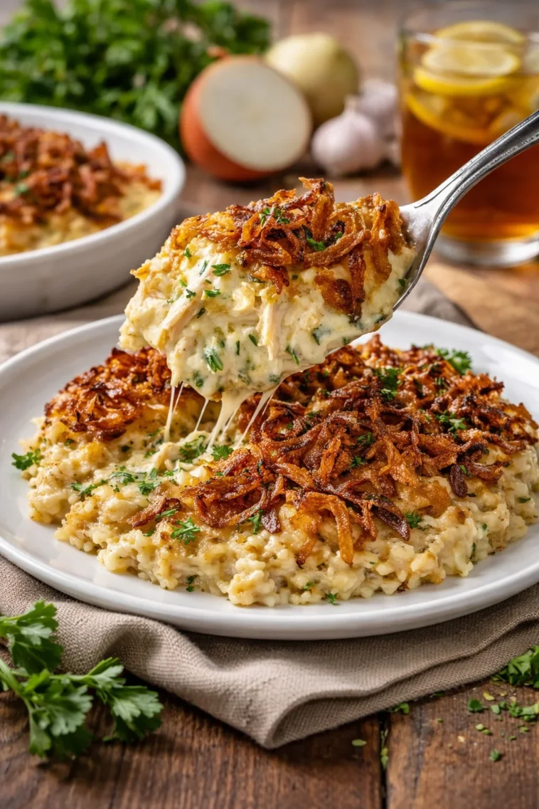 Cremiges Zwiebel-Hühnchen-Reis mit frischen Zutaten und Aromen