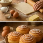 Frische Cruffins in verschiedenen Geschmacksrichtungen auf einem Blech