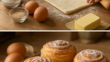 Frische Cruffins in verschiedenen Geschmacksrichtungen auf einem Blech