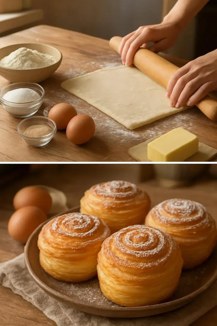 Frische Cruffins in verschiedenen Geschmacksrichtungen auf einem Blech