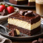 Leckeres Brownie-Cheesecake auf einem Teller garniert mit frischen Beeren