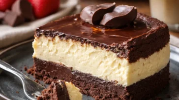 Leckeres Brownie-Cheesecake auf einem Teller garniert mit frischen Beeren