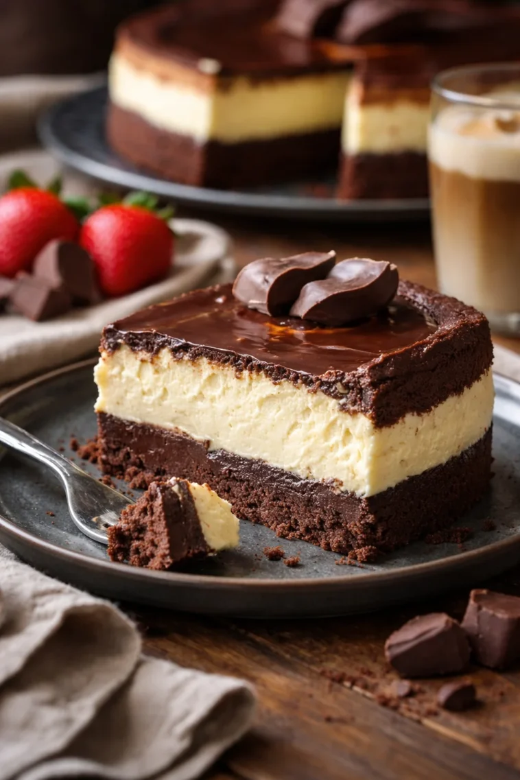 Leckeres Brownie-Cheesecake auf einem Teller garniert mit frischen Beeren