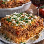 Griechischer Kritharaki-Hackauflauf mit Feta in einer Auflaufform